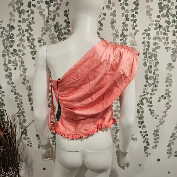 Smythe Ruffle Trim One Shoulder Top Rose Pink Size 4 Satin Smocked Blouse